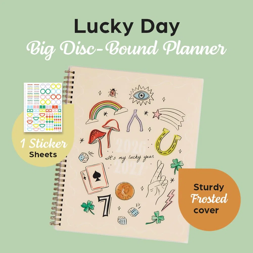 Organizado por Happy Planner - Agenda de doble bucle con fecha de 12 meses de julio de 2026 a junio de 2027, tamaño grande, 8.5 x 11 pulgadas, diseño académico, día de la suerte