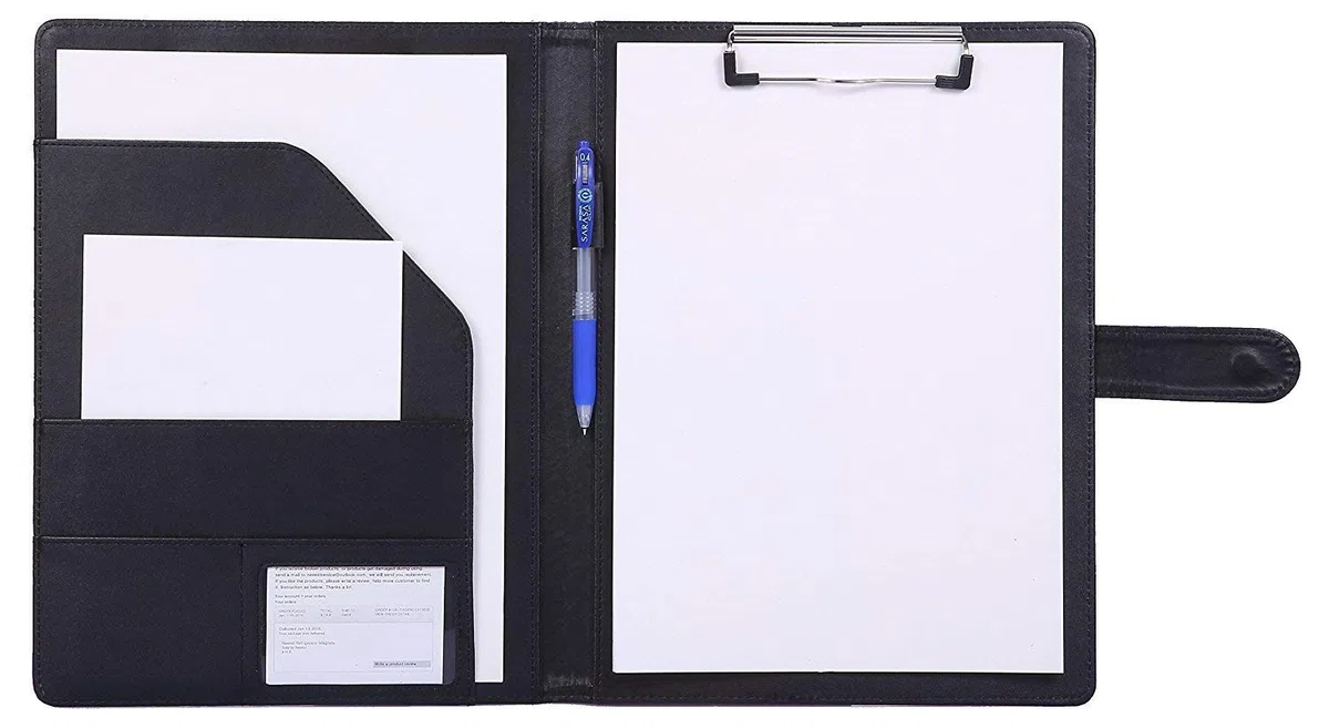 Carpeta Portadocumentos A4 Carpeta con Pinza piel,Portapapeles para Carta estándar de Papel A4, Bloc de notas,Portafolios de cuero sintético con bolsillo interior (Negro)
