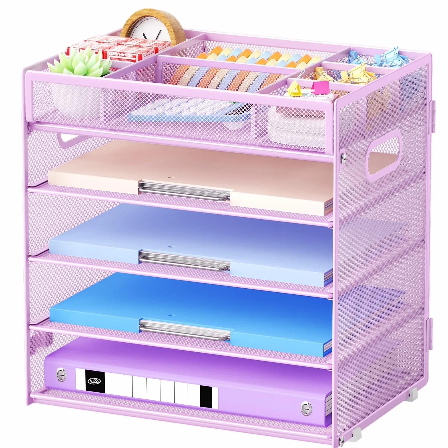 Marbrasse Organizador de Escritorio de Malla 5 Niveles, Bandeja para Papeles con Compartimentos Ajustables y Asa, Morado