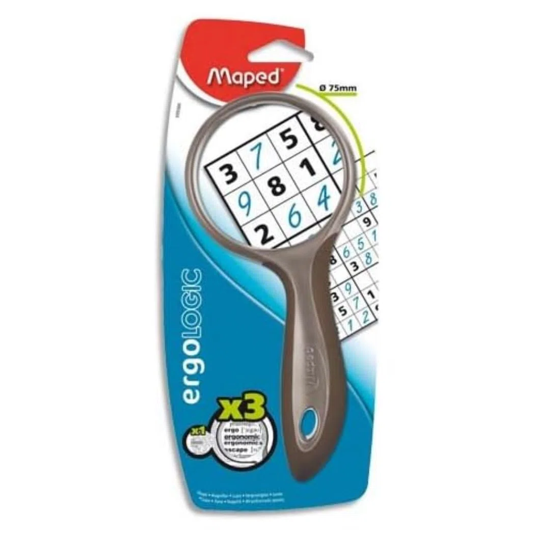 Maped - Material de Oficina -Ergologic - Expositor con 10 Lupas Redondas 75 mm - Aumento x 3 - Para Lectura - Cristal Óptico Anti Deformación - Mango Ergonómico y Suave para Empuñadura Confortable