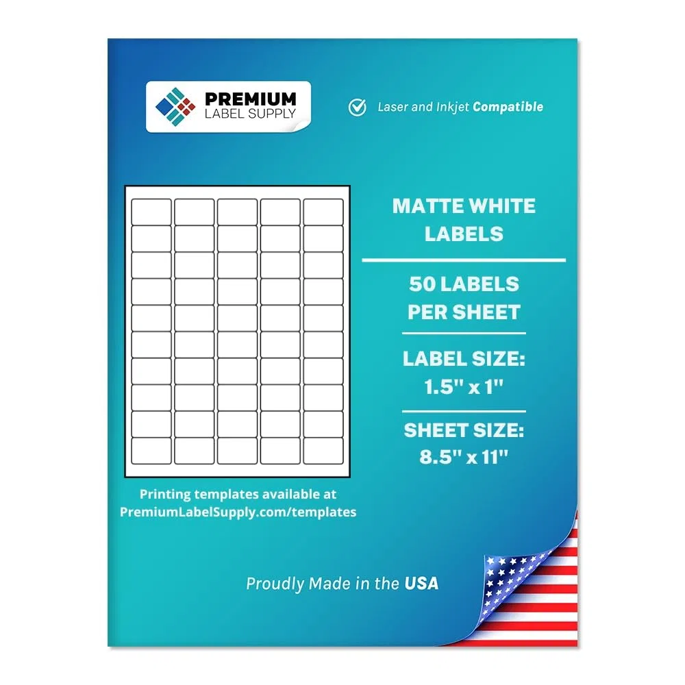 Premium Label Supply Etiquetas adhesivas blancas de código de barras – 1.5 x 1 pulgada – Compatible con láser/inyección de tinta – (50 etiquetas/hoja), 25 hojas – 1250 etiquetas adhesivas en total