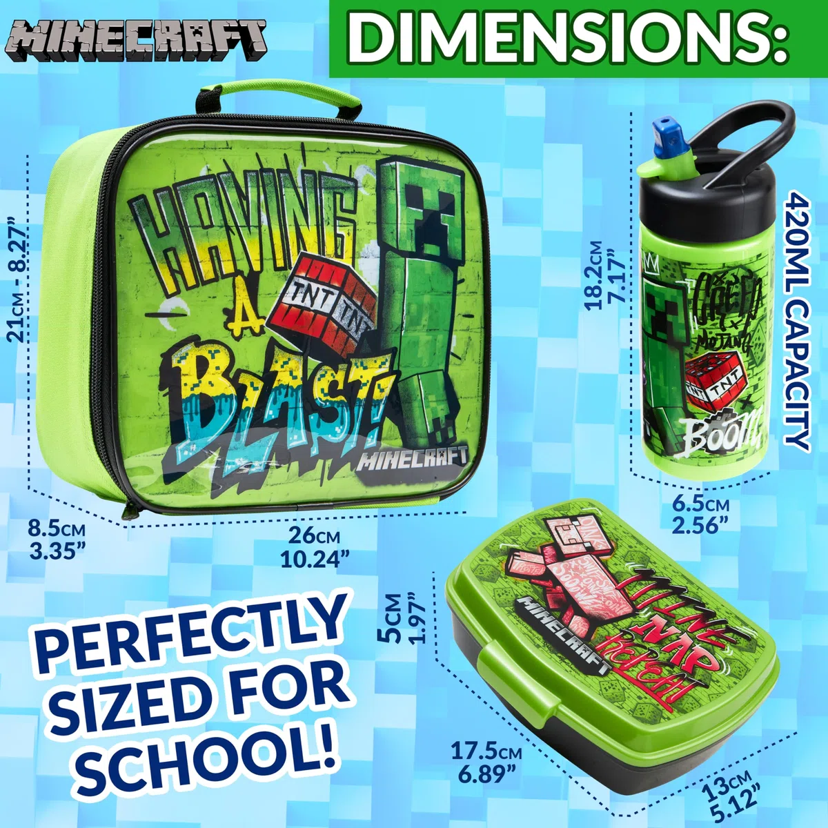 Minecraft Set de Bolsa de Almuerzo para Niños, 3 Piezas, Botella y Bolsa Fiambrera Infantil