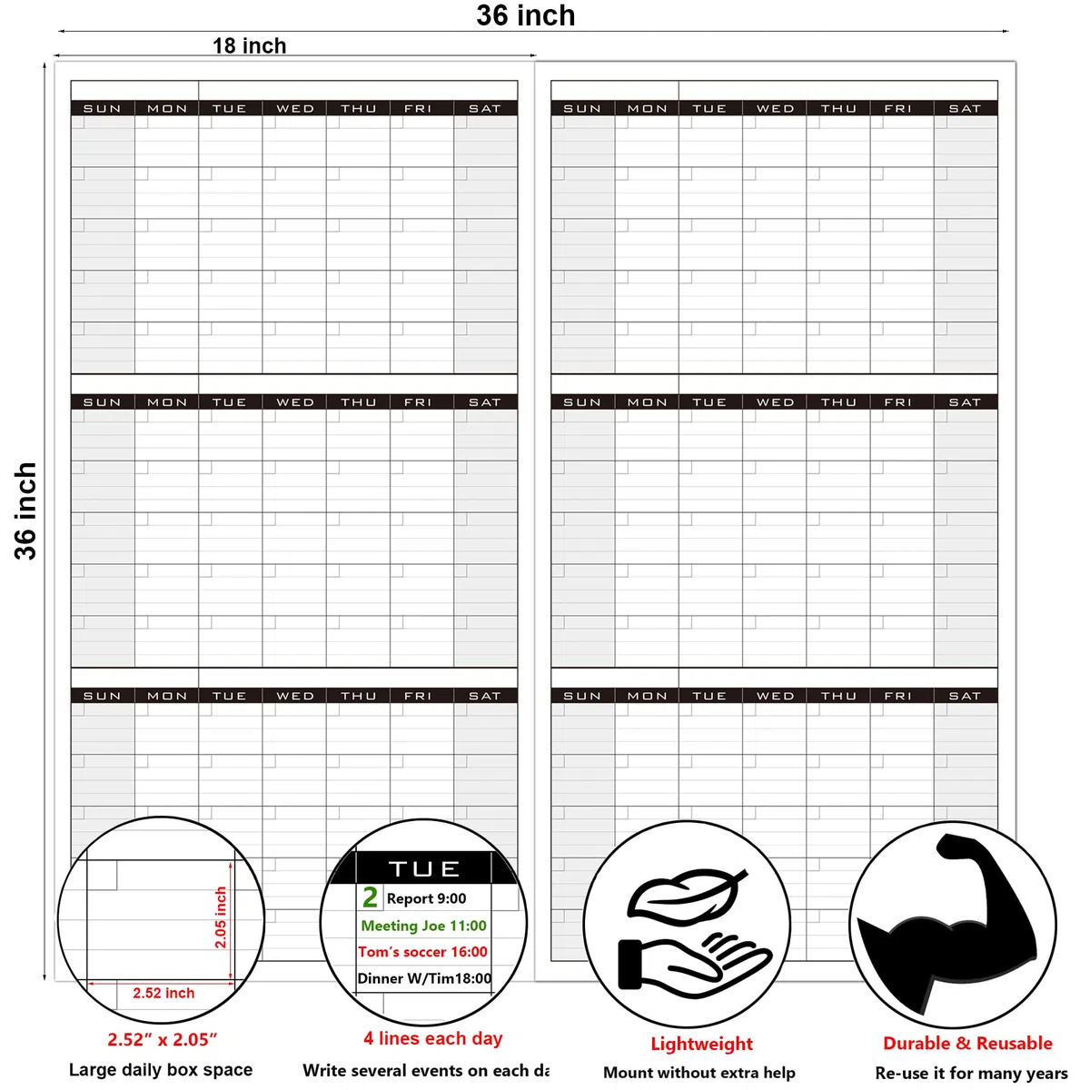 Calendario grande de borrado en seco para pared, calendario de pared laminado gigante de 3 meses, planificador mensual grande en blanco, póster de planificación borrable de 90 días sin fecha para el
