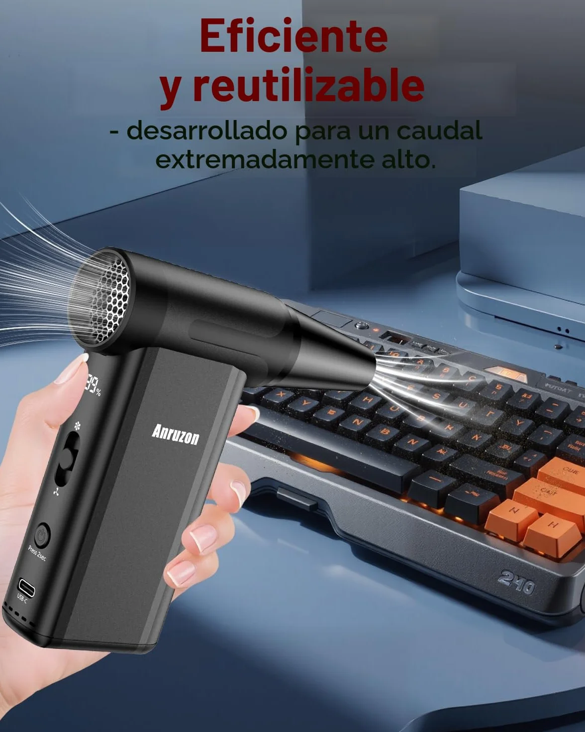 Aire Comprimido Eléctrico para Limpieza de PC, 300000 RPM, 8 Velocidades, Batería 7600mAh, Soplador de Polvo para Teclado, Electrónica, Sofá, Coche