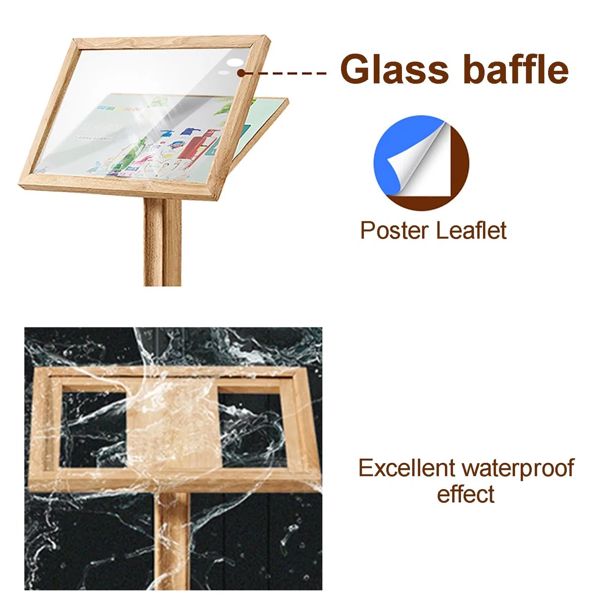 Soporte para carteles al aire libre, soporte de exhibición de madera maciza con cubierta de vidrio templado para anuncios, carteles y ferias comerciales