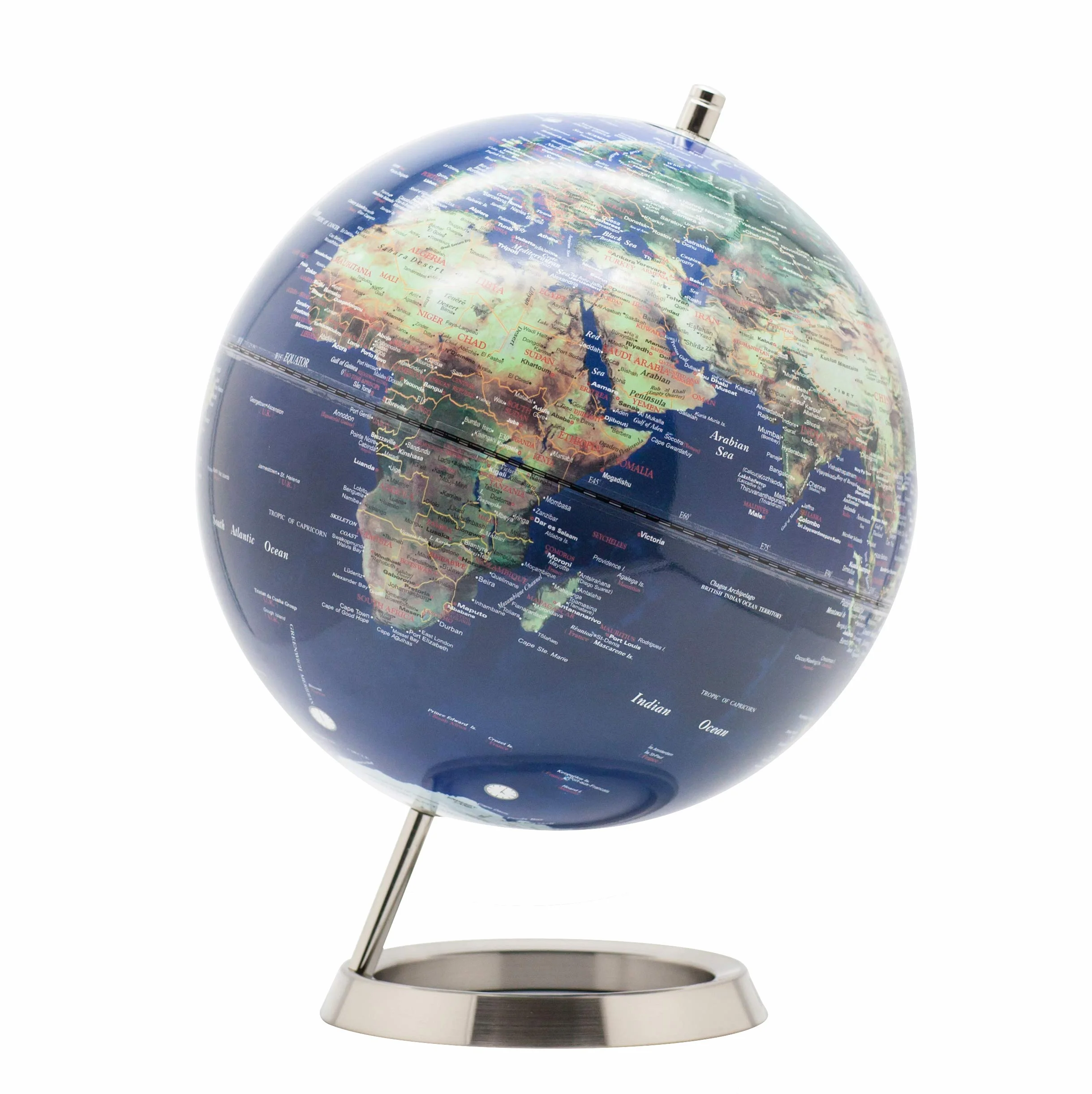 Exerz 25cm Globo Terráqueo - en Inglés - Decoración de escritorio educativa/geográfica/moderna - Con una base de metal (25cm Azúl Marino)