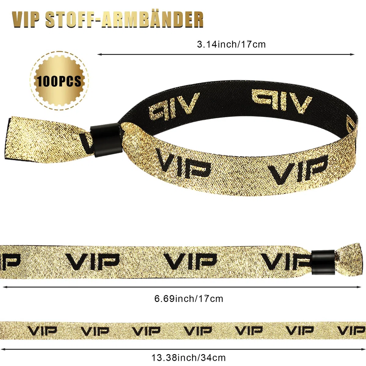 Aoriher 100 Pulseras de Identificación de VIP de Tela Banda de Entrada de VIP Cinta de Muñeca de Evento con Cierre Pulsera de Festival de Oro Negro para Fiesta Parque de Atracciones Concierto(Dorado)