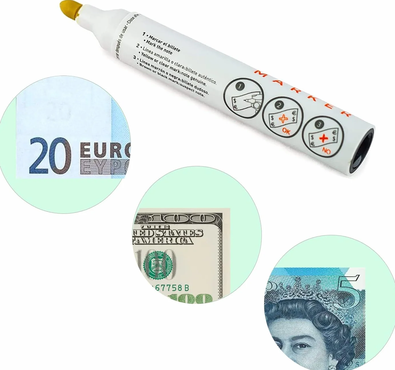 Detector Billetes Falsos Pack 24 Rotuladores, Bolígrafo para Euros Dólar Libras, Fabricado en España