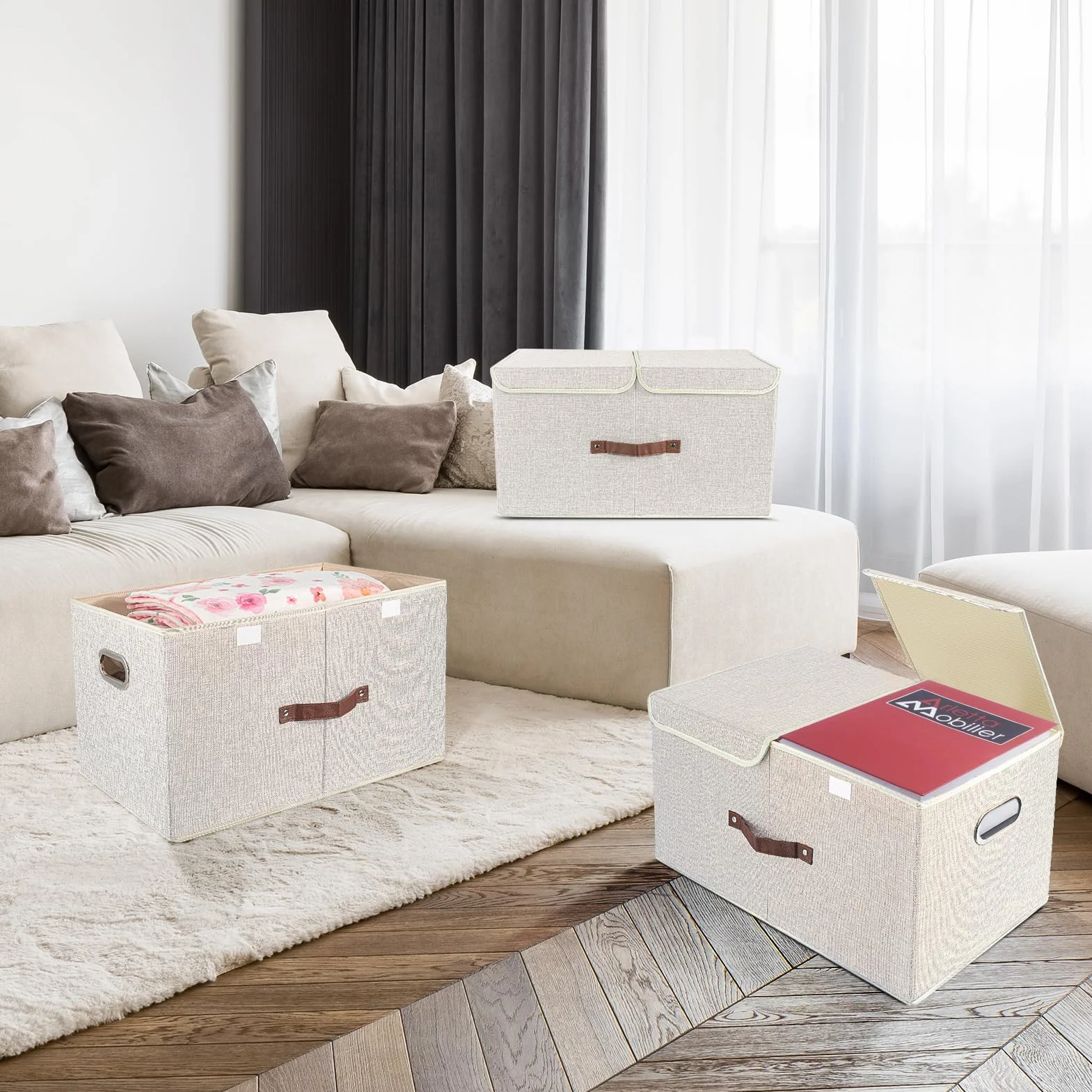TYEERS Caja de Almacenaje con Compartimentos Extra Grande, Tela, Plegable, Caja Organizadora, 55x33x30 cm, Juego de 3, Beige