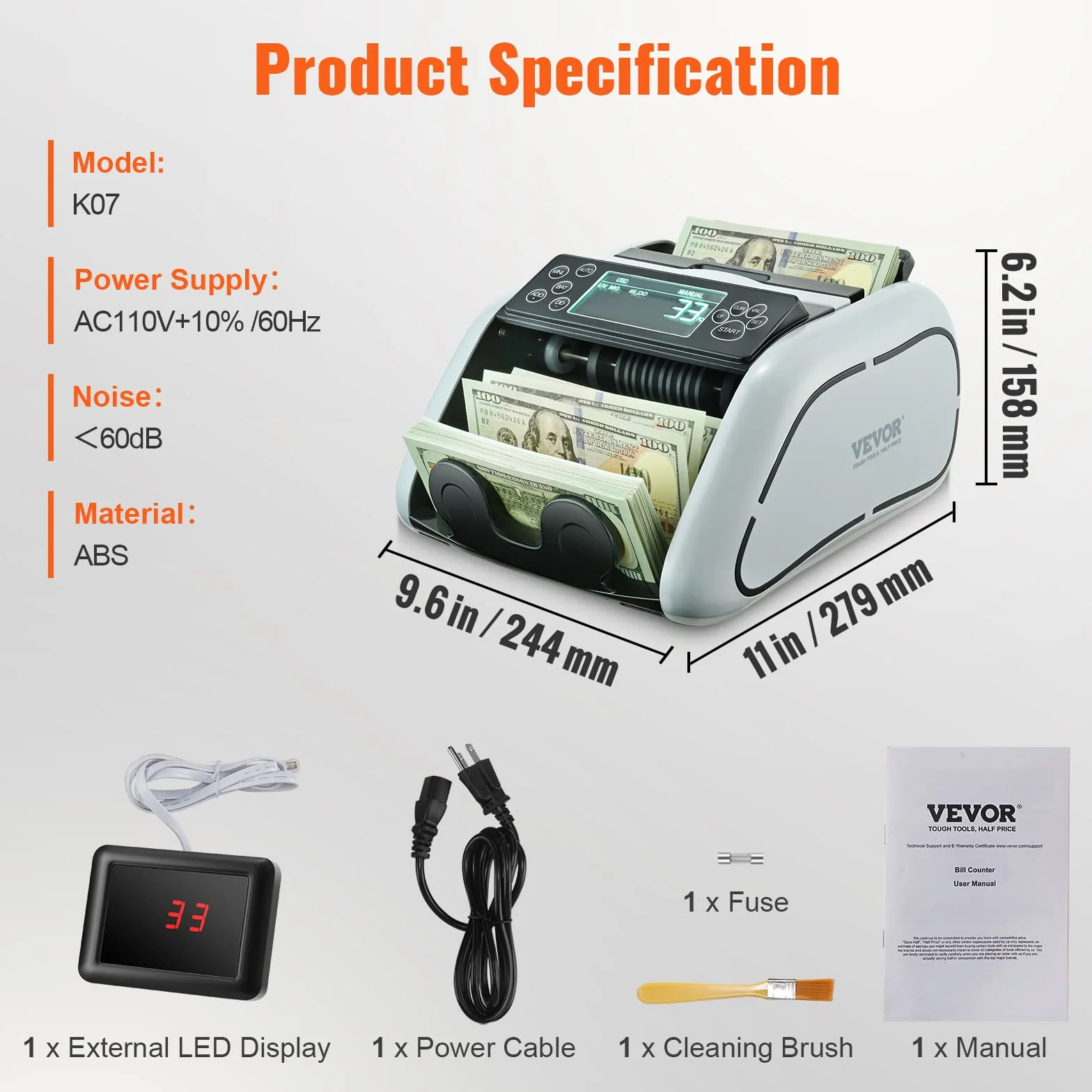 VEVOR Contador de Dinero Contador de Billetes con Detección de Falsificaciones UV, MG, IR y DD, Máquina Contadora de Efectivo en USD y EUR con LCD Grande y Pantalla Externa para Pequeñas Empresas