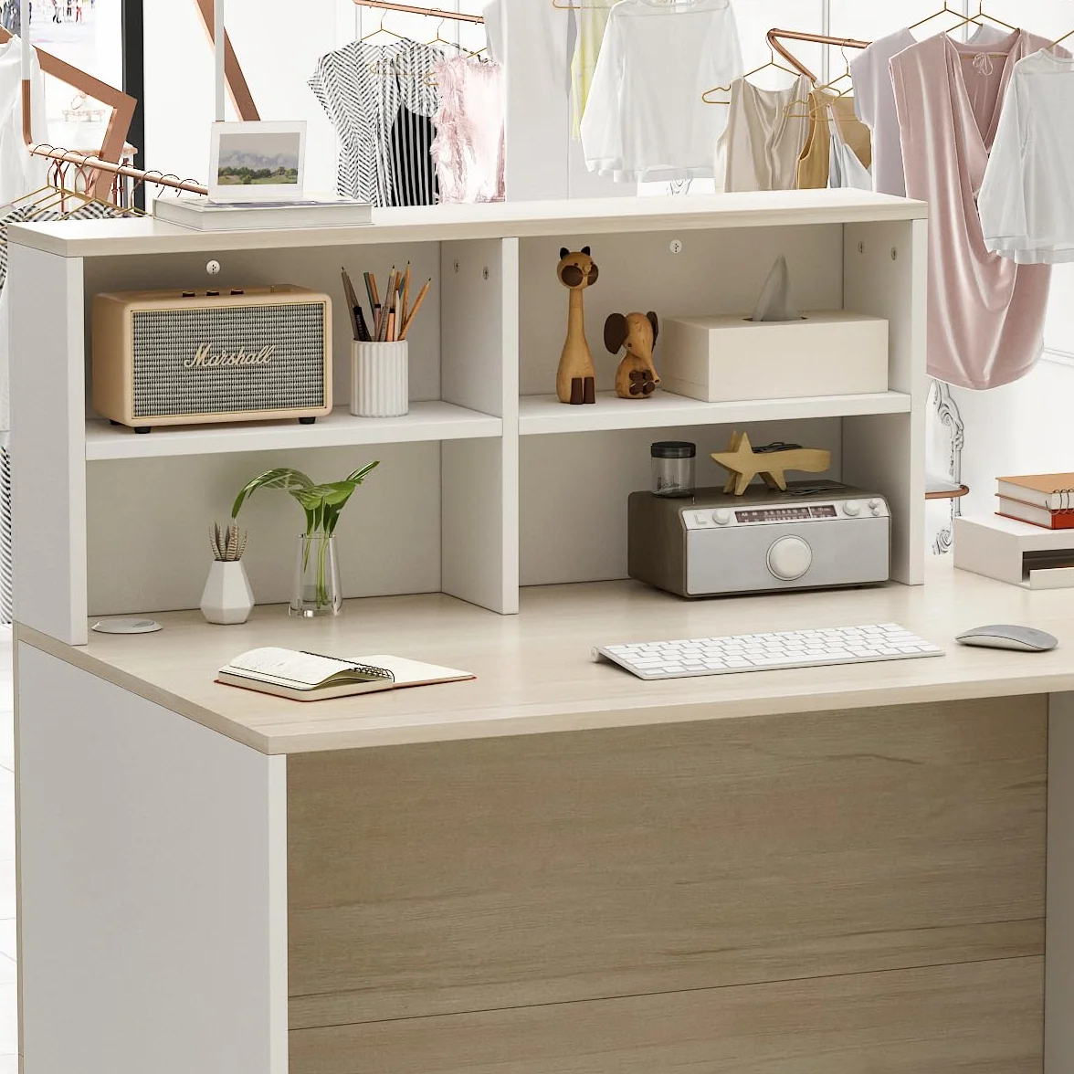 Mesa de recepción con compartimentos abiertos, 1 cajón y 1 armario, color madera y blanco, 140x60