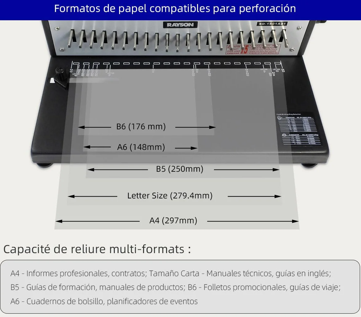 RAYSON Máquina para Encuadernación, Hasta 200 hojas, Punzón Ajustable, SD-1501A21 | 21 troqueles de desenganche, construcción de metal duradero, suministros de encuadernación incluidos