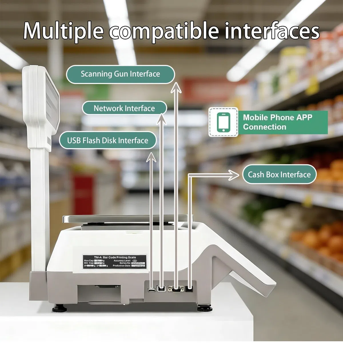 Báscula Comercial con Ticket, Báscula Digital de Alta Precisión 10g, Pantalla Doble Cara, 63 Teclas, para Supermercados y Comercios