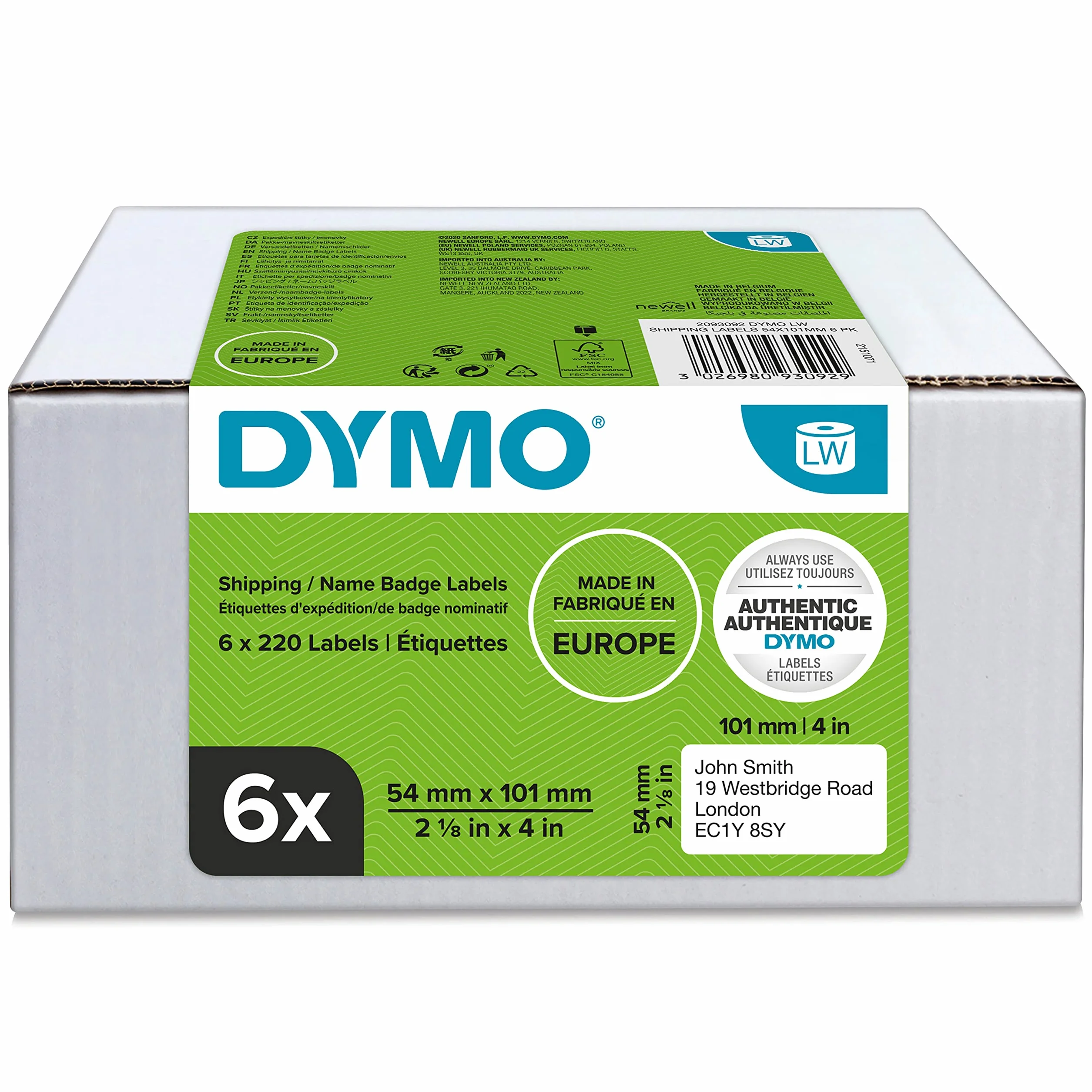 DYMO LW etiquetas de envío/tarjetas de identificación grandes y auténticas | 54 mm נ101 mm | 6 rollos de 220 etiquetas autoadhesivas (1320 unidades) | para etiquetadoras LabelWriter