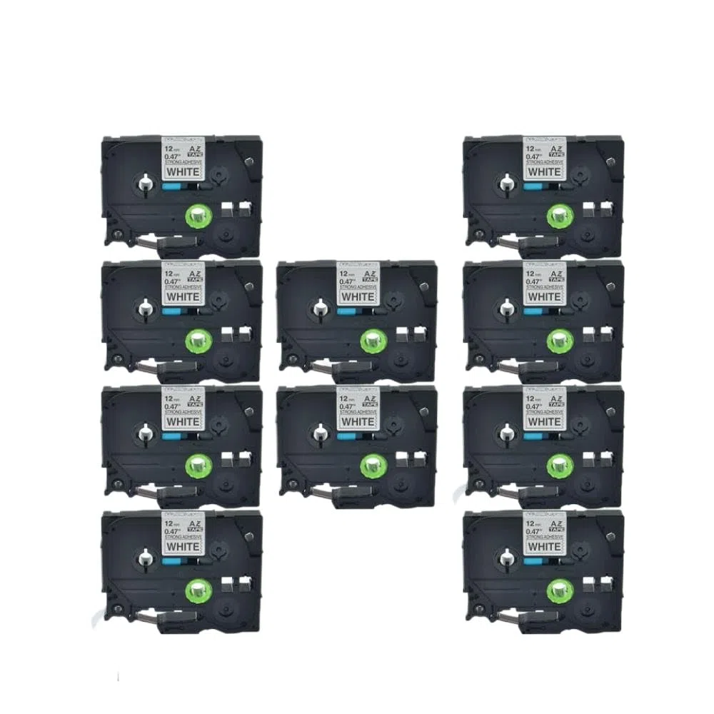 10 Rollos de Cinta Adhesiva Resistente, Negro sobre Blanco, 12mm, 8m, compatibles con Cintas para rotuladoras TZe-S231 Tz Tze S231