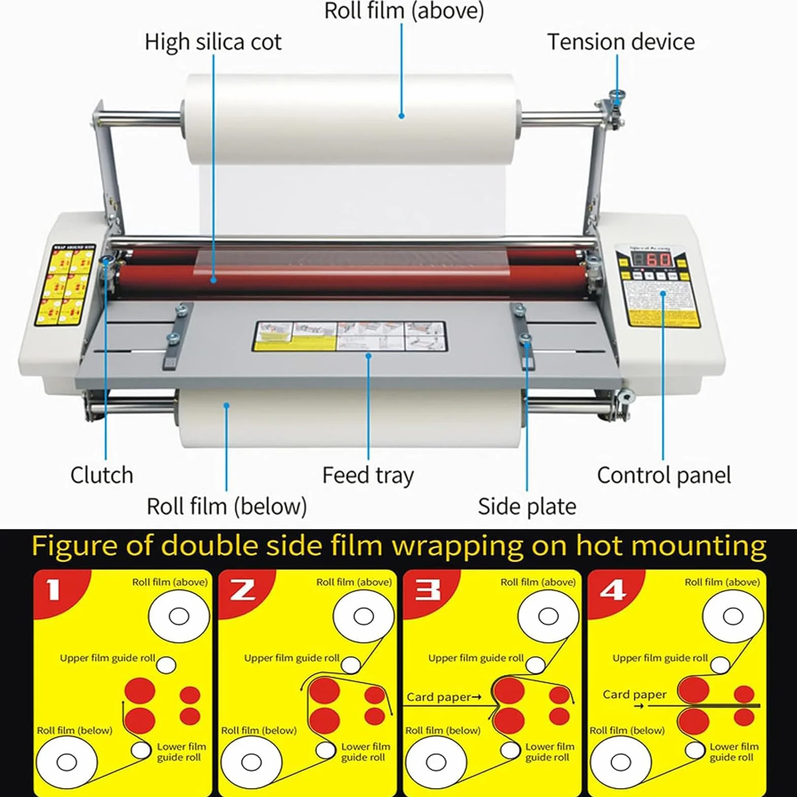 Máquina laminadora, Máquina laminadora en frío y Caliente, Laminadora A2+ de 4 Rodillos de una y Dos Caras, 0-180 ℃ Ajustada, Pantalla Digital LCD, para Uso Comercial en la Oficina Escolar