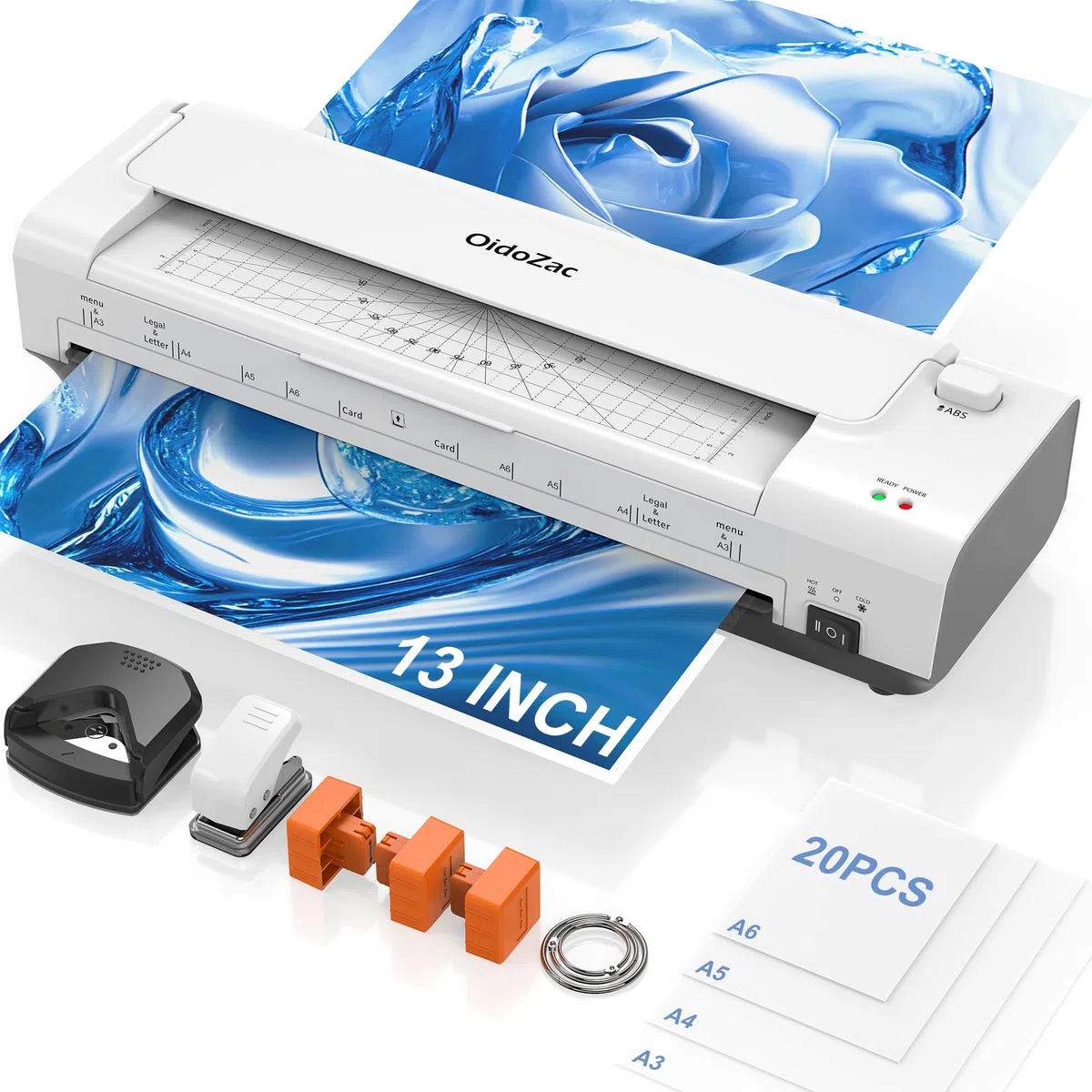 Plastificadora A3 de 13 pulgadas con introducción automática de papel, A3, laminado en frío y caliente, 20 láminas, juego 10 en 1 con cortador, recortador y redondeador de esquinas para oficina