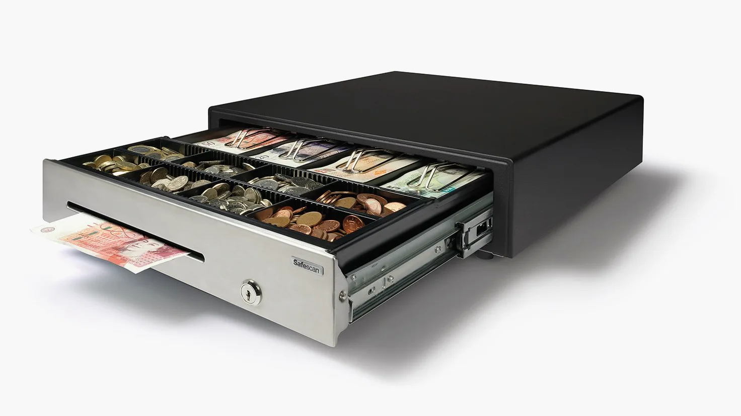 Safescan HD-4141S Cajón portamonedas uso intensivo para el efectivo - Caja dinero con 4 apartados para billetes y 8 para monedas - Caja dinero con conexión RJ-12 - Cajón portamonedas 41x41,5x11,5 cm