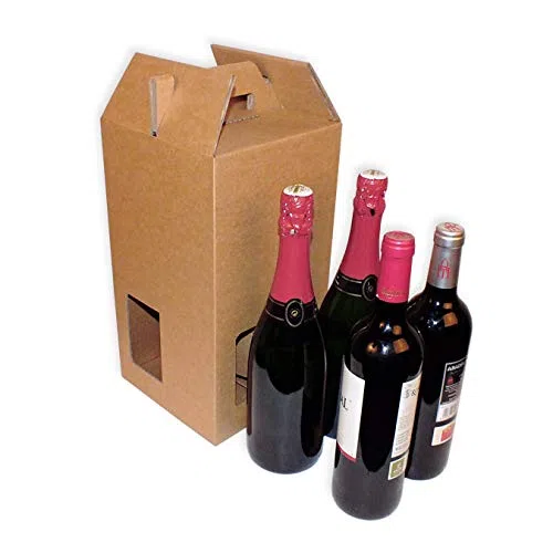 Pack 25 Cajas para transporte de 4 botellas con ventanas.