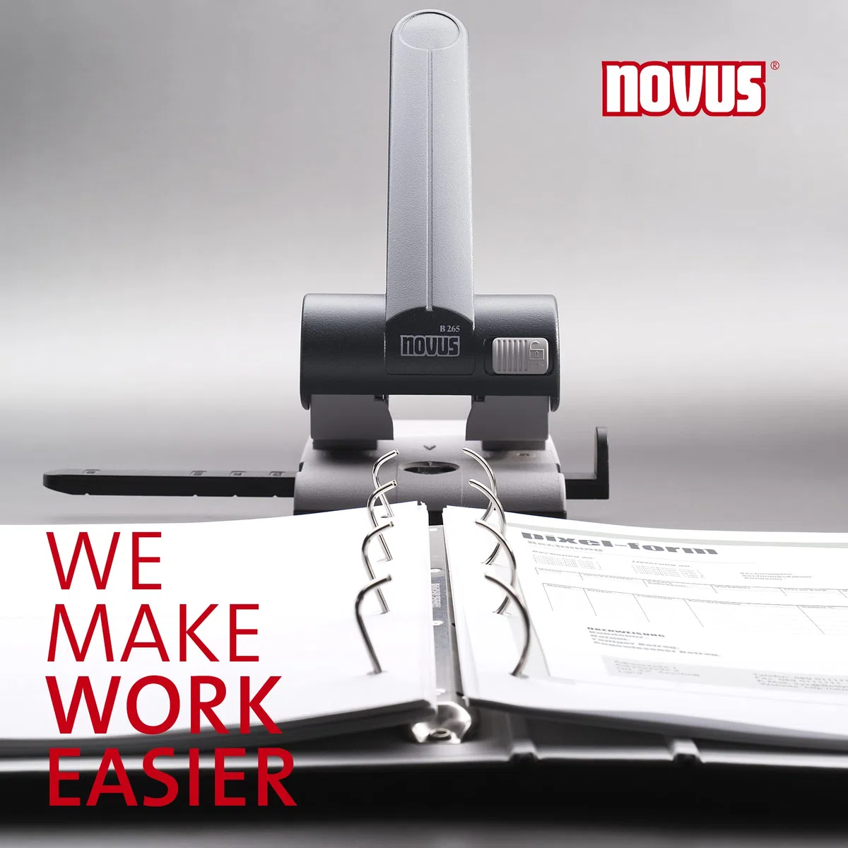 Novus B265 - Perforadora (con brazo de fijación, capadidad de perforación: 65 hojas), color negro y gris