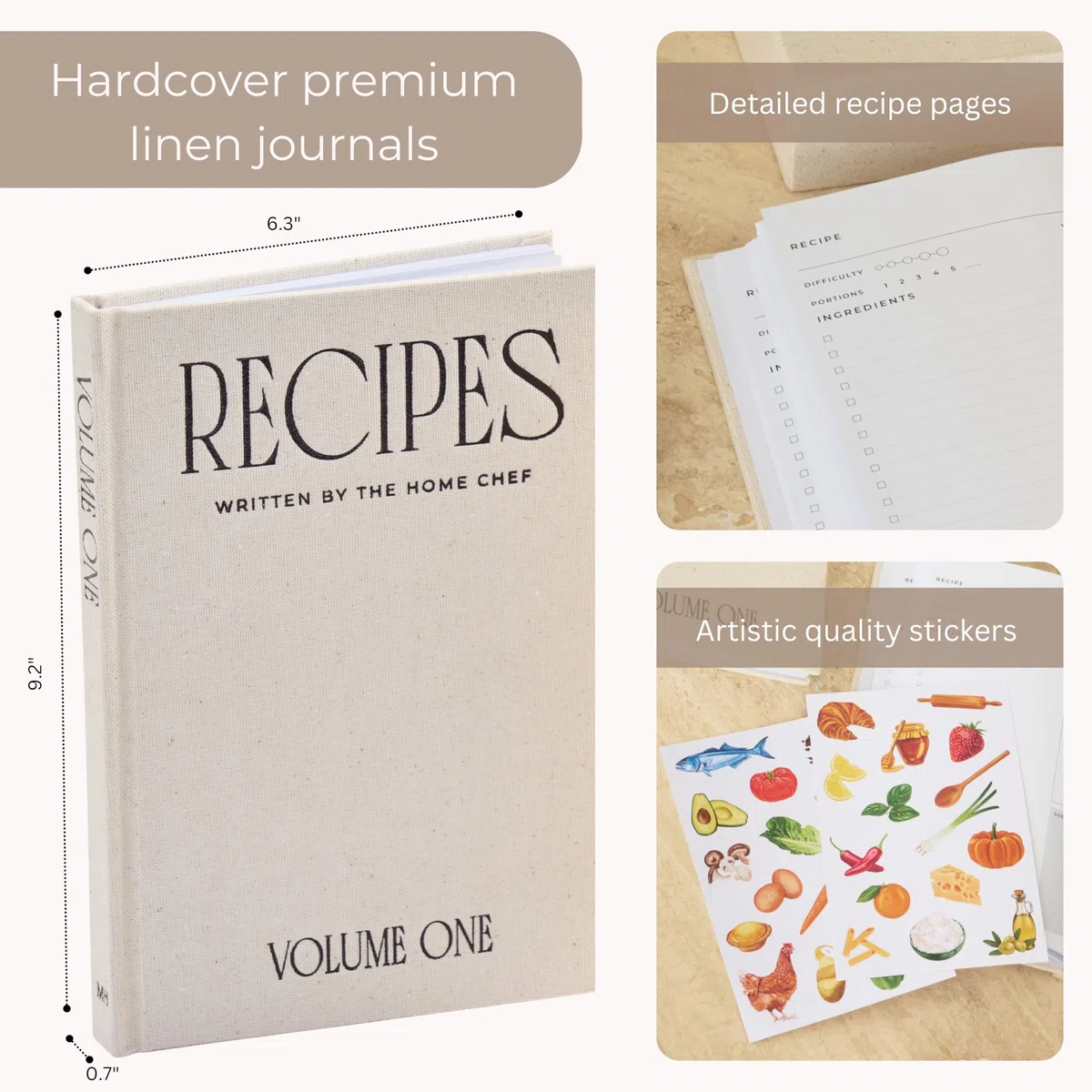 Moncur Home Juego de 2 libros de recetas en blanco para escribir en tus propias recetas, caja de recetas de lino beige, hojas adhesivas, cuaderno de recetas, libro de cocina, diario de recetas,