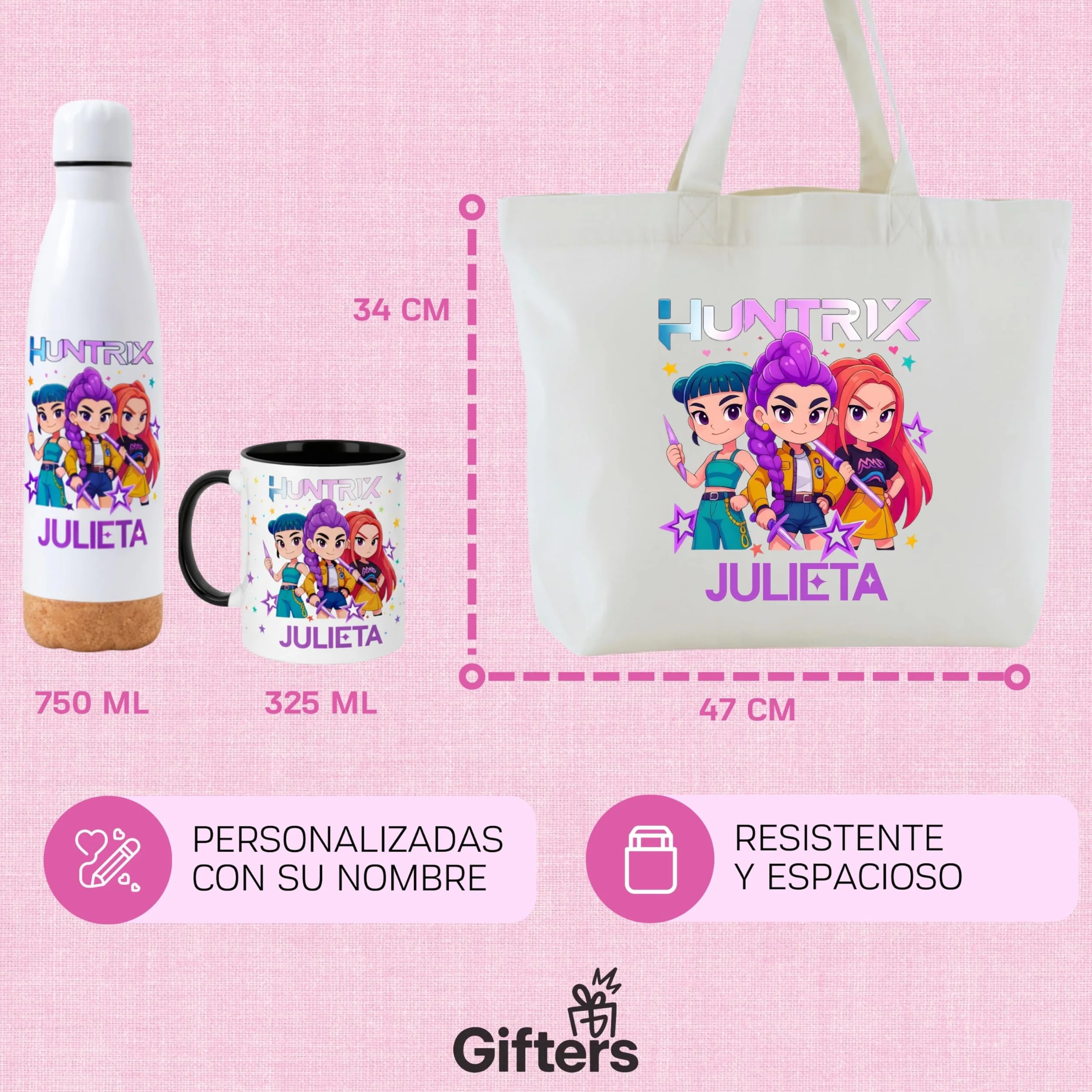 Gifters | Pack Bolsa Personalizada con Nombre + Botella Acero Inoxidable 750 ml + Taza Cerámica 325 ml | Diseño Personajes Estilo K-Pop | Regalo Original para Niña, Cumpleaños, Navidad y Comunión