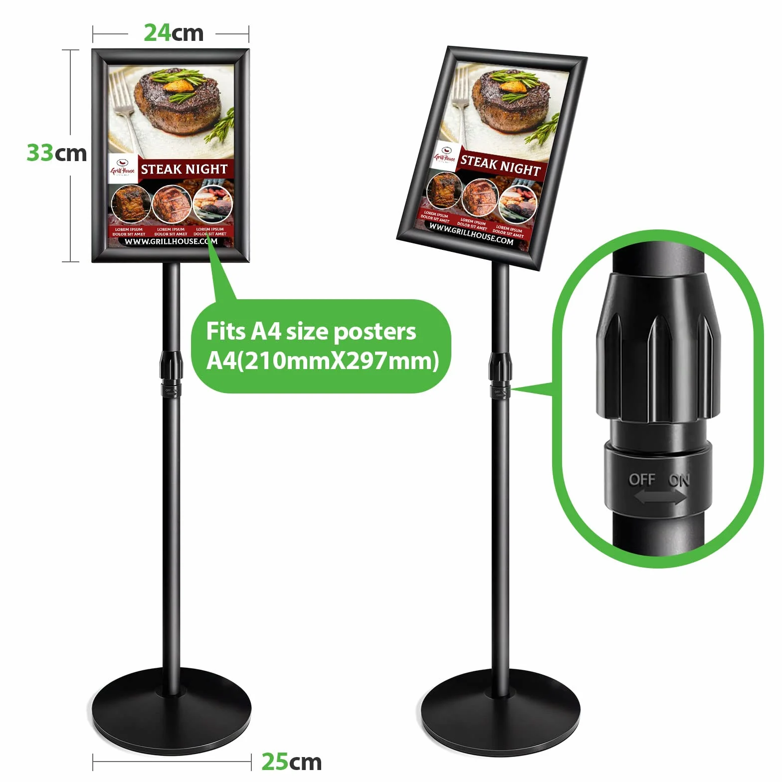 NewZeal Soporte para cartel ajustable tamaño A4, soporte para cartel de pie resistente, soporte para anuncios, soporte para carteles para bodas/espectáculos/exhibiciones/publicidad, negro