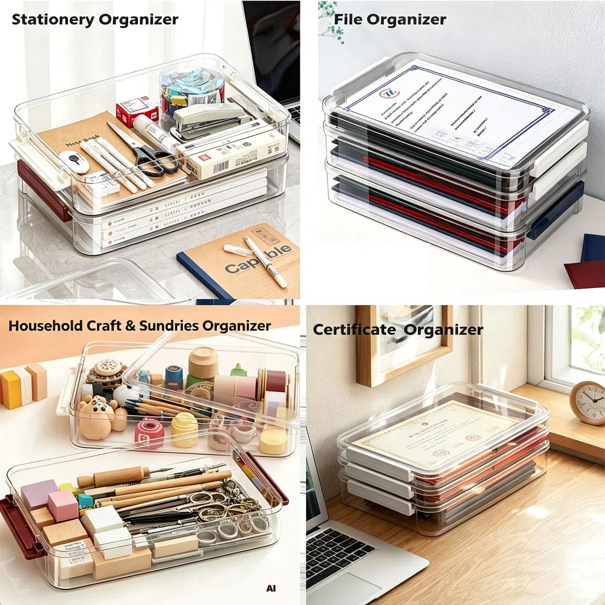 Paquete de 2 cajas de almacenamiento de plástico transparente con tapas, apilables, cajas de almacenamiento de papel para organizar papel de archivo A4, documentos, fotos, álbumes de
