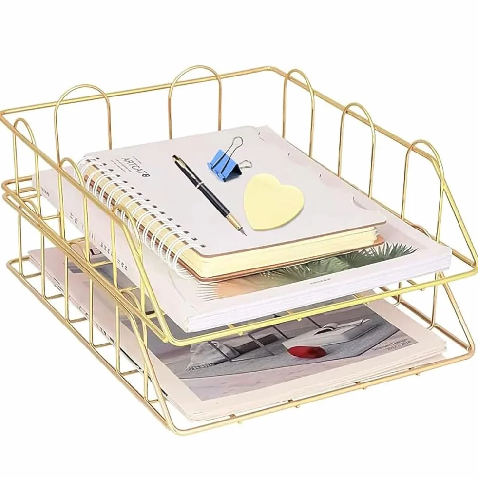 LELYFIT Juego de 2 Gestores de Escritorios Metálicos Apilables Archivo A4 Dorado