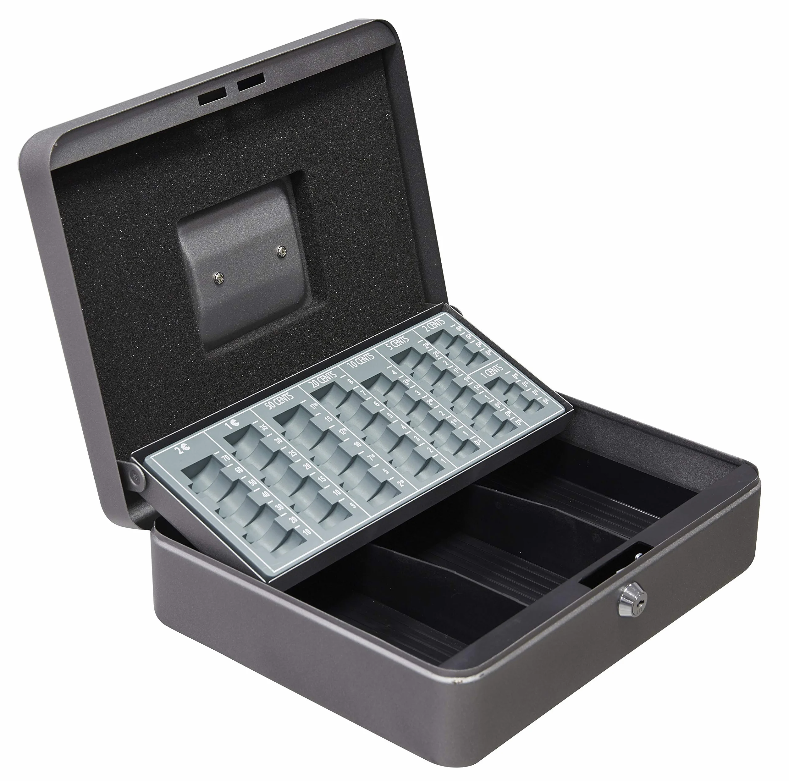 Arregui, Cashier C9246-EUR Caja Caudales con Llave para Contar y Transportar Dinero, Caja de Seguridad de acero con bandeja organizador de Monedas y Billetes, Caja fuerte portatil, Gris grafito