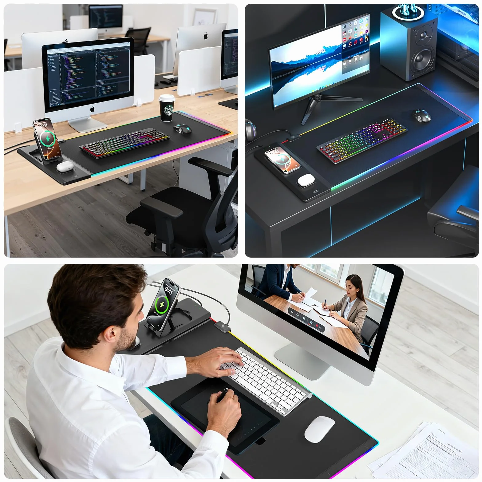 KDD LED Alfombrilla Ratón Gaming con 15W Carga Inalámbrica, Tapete Escritorio con Soporte Móvil Plegable, Mouse Pad XXL Antideslizante para Juegos Accesorios Gaming PC Auriculares Reloj (70x33cm)