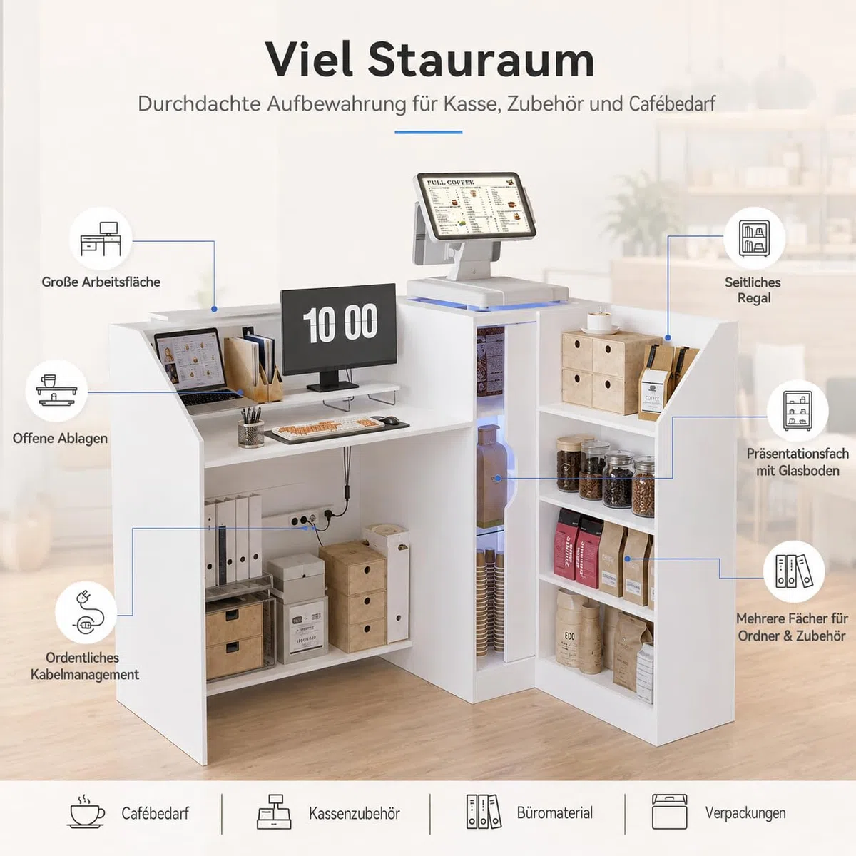 Caldion Moderno mostrador de recepción con iluminación LED con cajón de tatuaje, mostrador de recepción de cristal templado, mesa de recepción en forma de L, color blanco, 120 x 100 x 103 cm