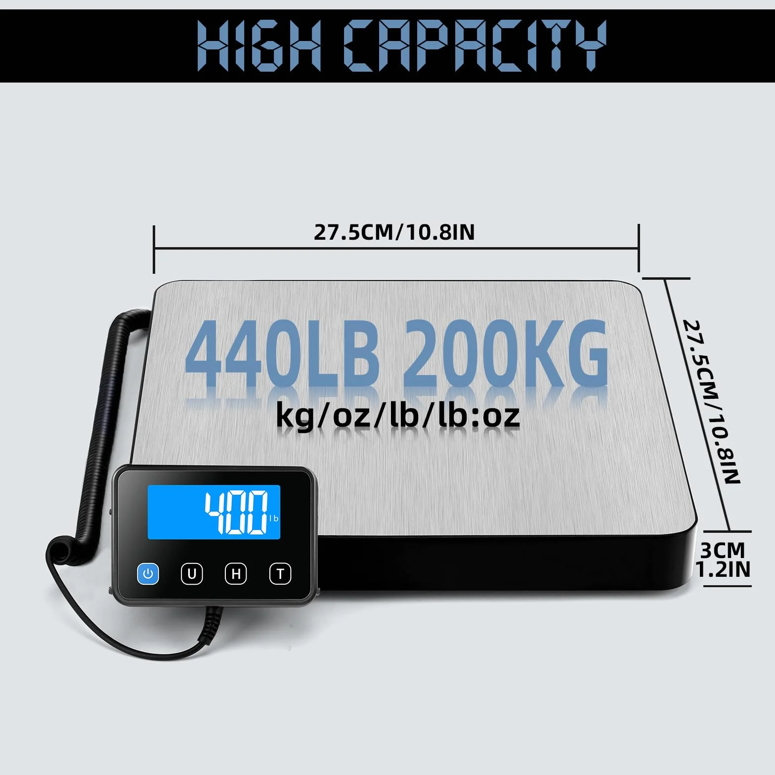 Báscula para Paquetería Digital 200kg/440lb, Balanza Postal Precisión 10g/0.35oz con Retención y Tara