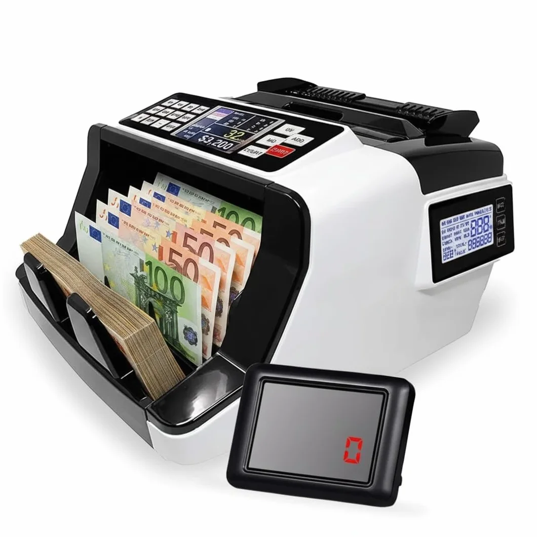 Contador y detector de Billetes falsos de Denominación Mixta Maquinas para Contar Billetes Mixtos con 8 Veces Preciso EUR, USD, GBP Cuenta 1000 Billetes por minuto. Detección UV, MG, MT, IR.