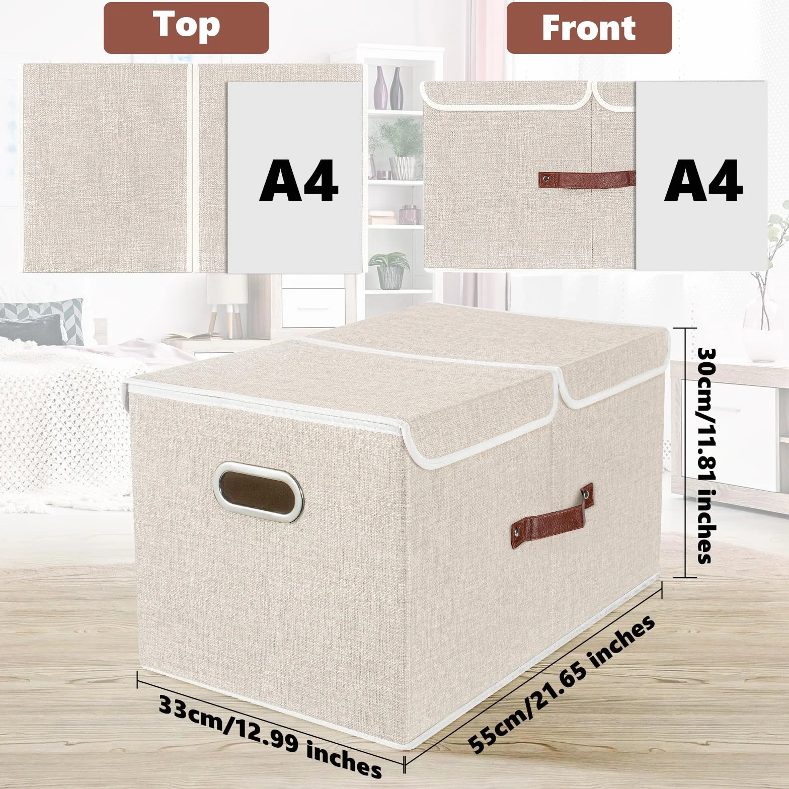 TYEERS Caja de Almacenaje con Compartimentos Extra Grande, Tela, Plegable, Caja Organizadora, 55x33x30 cm, Juego de 3, Beige