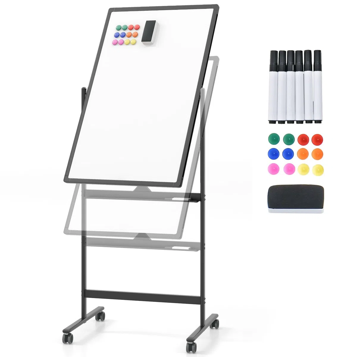 GIANTEX Pizarra Blanca Móvil de Doble Cara, 60 x 90 cm, Pizarra Magnética con Patas Ajustable en 2 Niveles, con Borrador en Seco, Marcadores Negros, Imanes, Pizarra de Caballete con Ruedas (Negro)