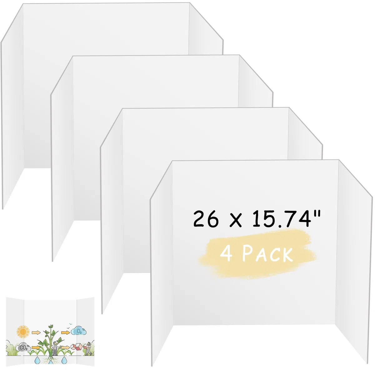 HAUTOCO 4 piezas tableros de póster triples medianos de 26 x 15.74 pulgadas, tableros de presentación de tres pliegues, tableros de proyectos corrugados blancos para ferias de ciencias, proyectos