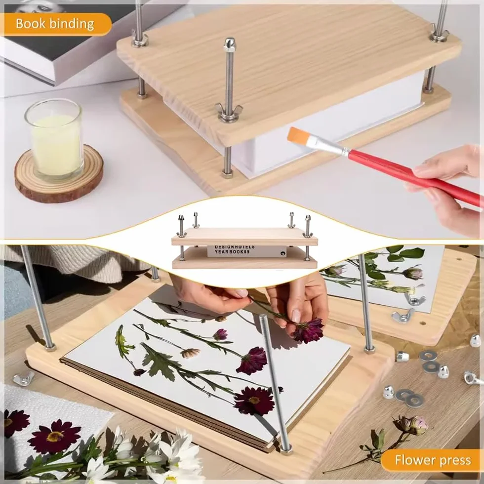 Kit de Encuadernación de Libros con Prensa de Madera,48 Piezas Incluyen Herramientas Básicas (Prensador,Dobladora,Cubiertas,Lezna)Equipo Portátil para Encuadernación Manual y Proyectos DIY( 37.5*29cm)