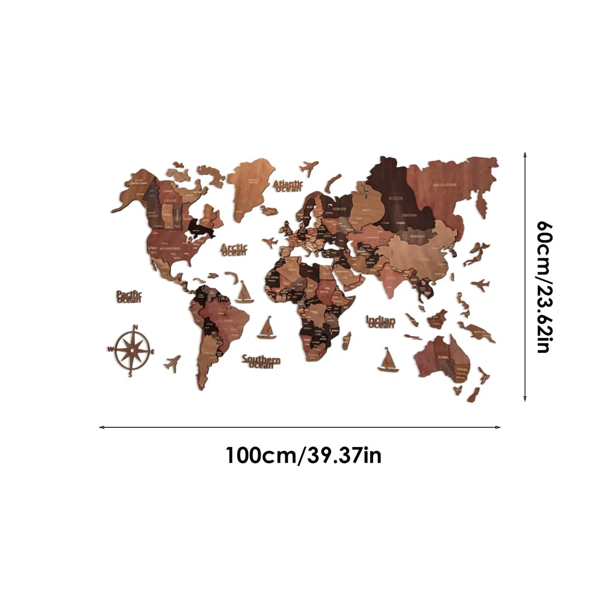 Mapa Del Mundo De Madera- Decoración De Pared 3d Detallada De 100x60 Cm, Acento Moderno En El Hogar, Pieza Decorativa, Diseño De País Con Una Construcción Duradera | Arte De Pared De Mapa Con Estilo D