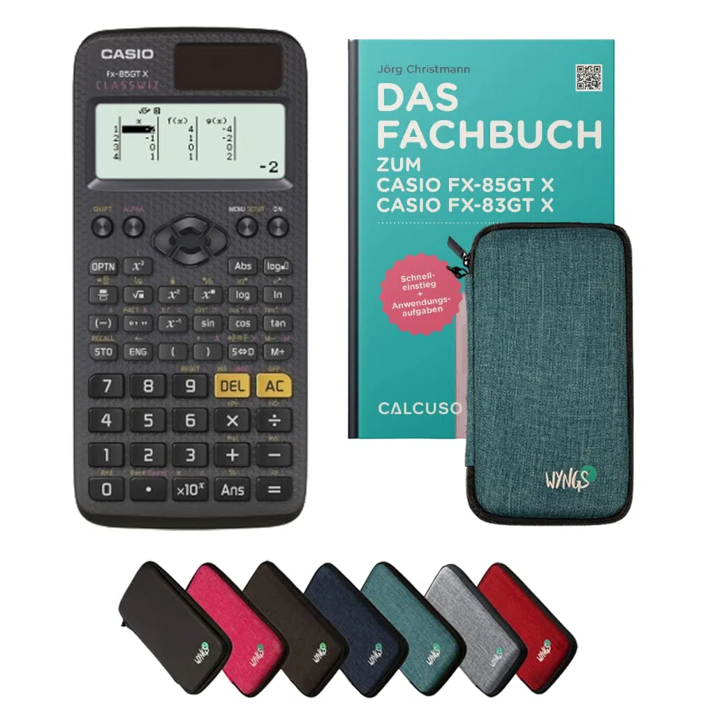 Casio fx-85GT X Incl. Funda Protectora Turquesa y Libro especializado (64 páginas, DIN A5) – Calculadora científica – Smart Set (Alemán)