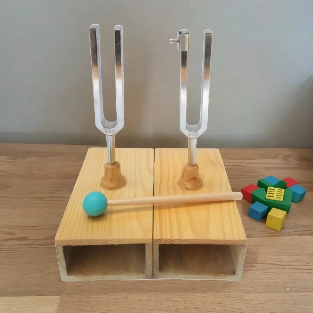 Oshhni Diapasón resonante con caja de resonancia Material didáctico equipado con martillo de silicona Resonador Diapasón Cajas de resonancia Juego de