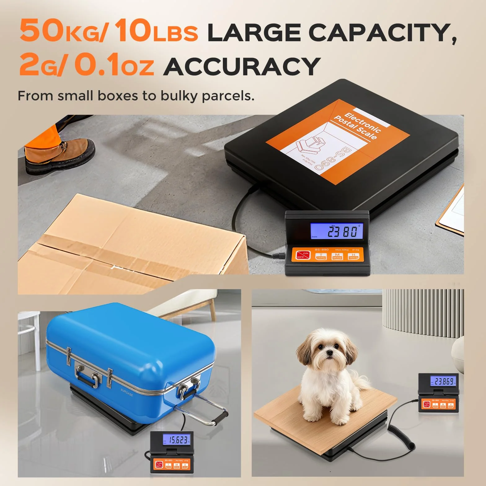 Bonvoisin Báscula para Paquetería Digital 50kg/110lb Balanza para Envíos de Paquetes con Pantalla LCD Grande Separada, 2 pilas AAA y Adaptador de Corriente UE Incluidos, g/kg/oz/lb Conmutable