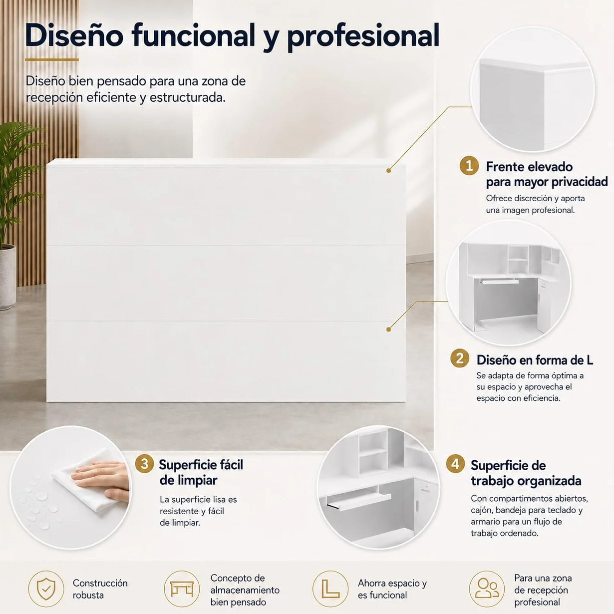 Mostrador de Recepción Blanco en L 142cm Caja Esquinera con Cajón de Teclado, Soporte para PC, Cajón con Llave y 5 Compartimentos 142×82×123cm