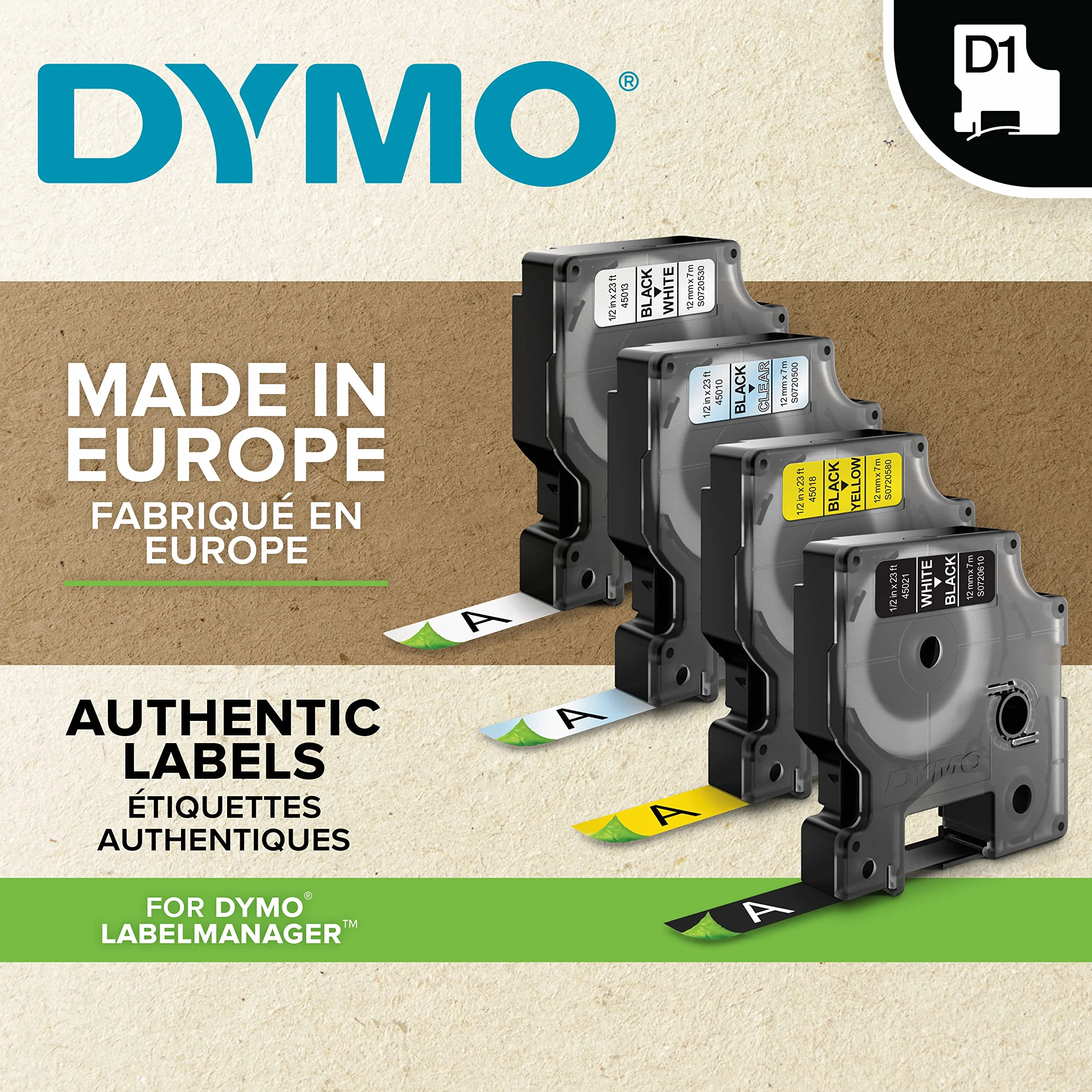DYMO D1 etiquetas auténticas 12 mm × 7 m blanco negro para LabelManager 2 unidades