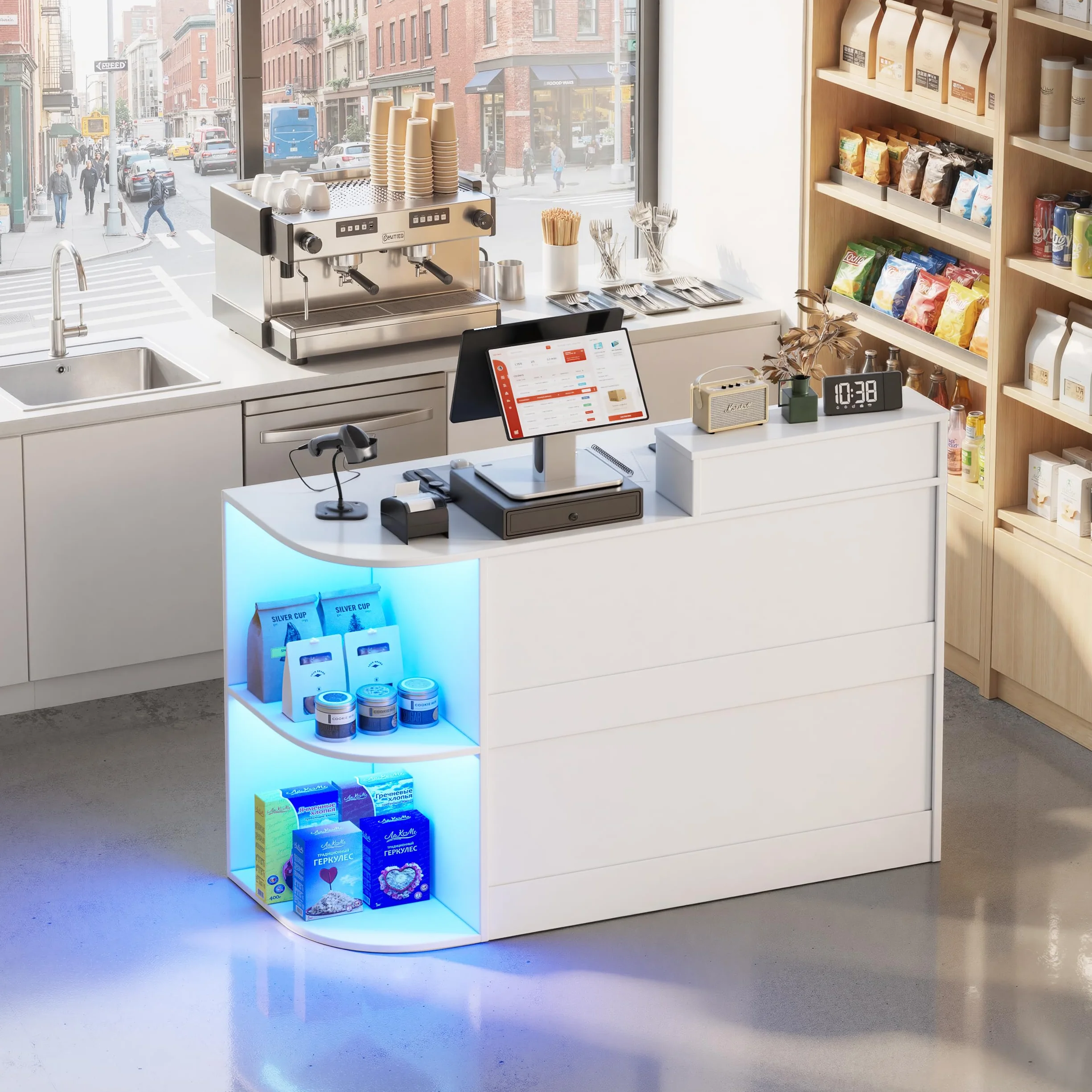 Mostrador de Recepción con LED, 120x102.5x48cm, Mostradores Recepcion Forma L con Cajón para Teclado | Cajón | Armario, Mostradores para Tiendas Escritorio de Recepción Moderno para Oficina, Salón