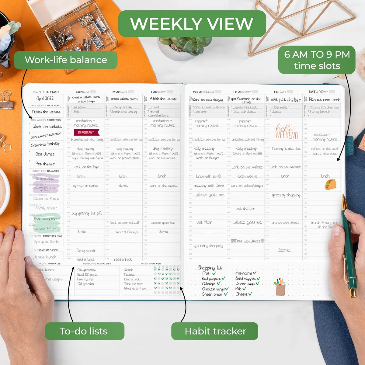 Clever Fox Hourly Planner PRO Premium – Planificador de horarios sin fecha con ranuras de tiempo diario – Cuaderno organizador personal para gestión del tiempo – Diario de vida semanal y mensual, | Organizador A4 con franjas horarias, horario semanal y me