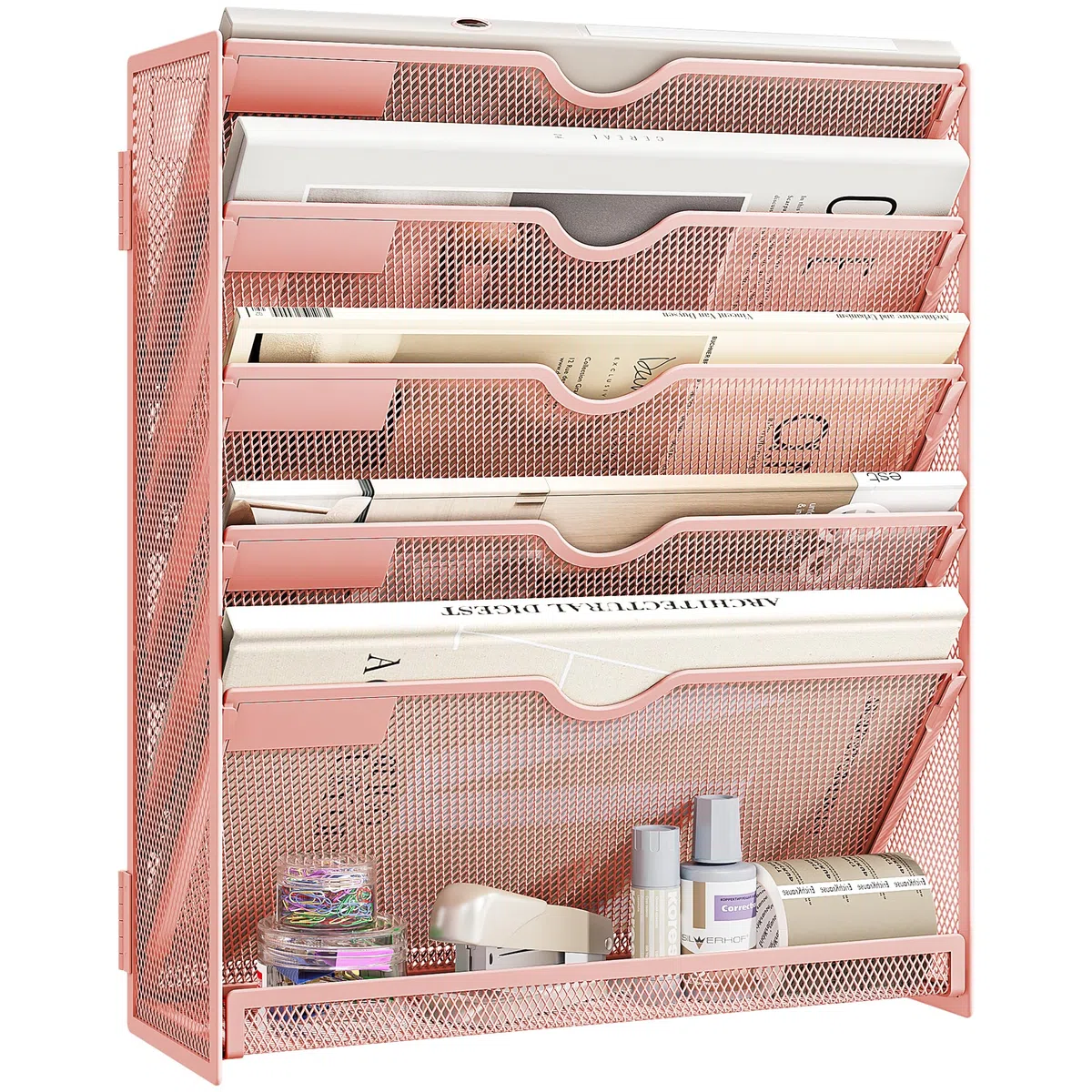 VITVITI Organizador de Pared para Documentos A4, 6 Compartimentos, Revistero de Metal en Malla, Soporte de Revistas y Archivador Vertical para Oficina, Correo y Papelería, Rosa