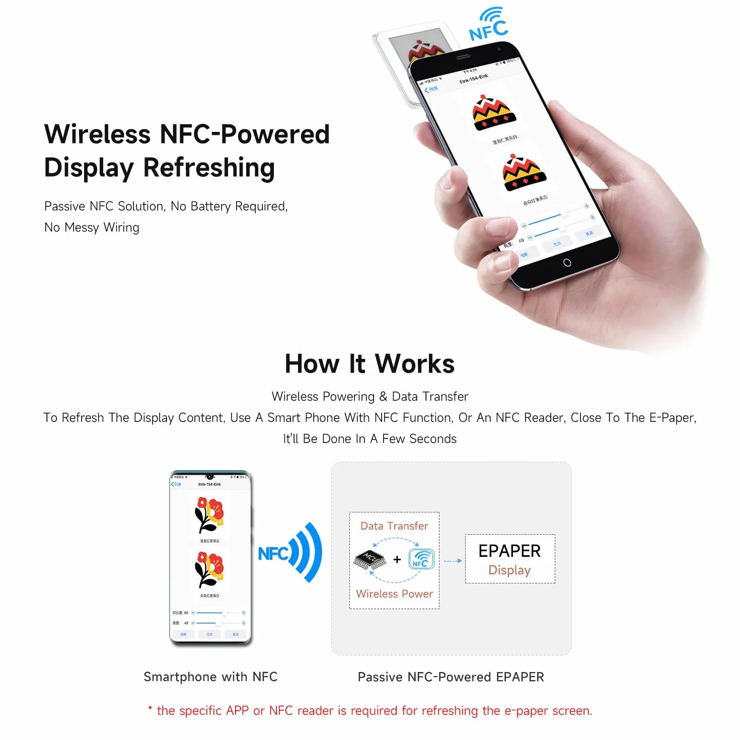 Waveshare 1.54inch Passive NFC-Powered E-Paper (G), Red/Yellow/Black/White 4-Color Displaying, No Battery, Wireless Powering & Data Transfer, Silver Metal Border