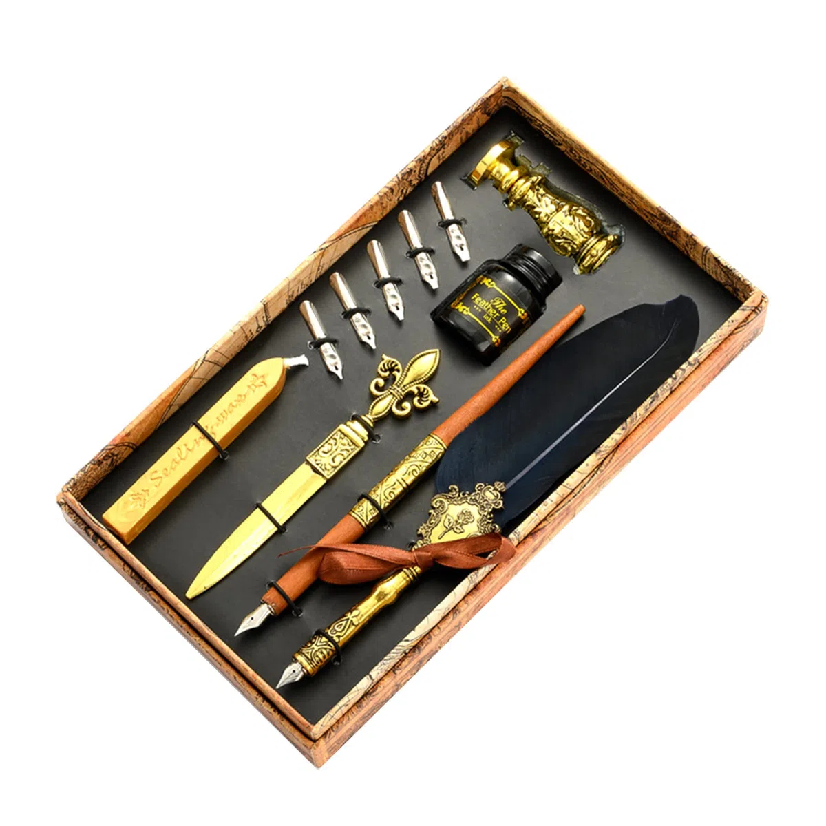 Joyeee Quill Pen Juego de caligrafía, con bolígrafo de inmersión de madera, puntas, sello de cera de sellado, soporte de bolígrafo de inmersión, tinta negra, azul marino