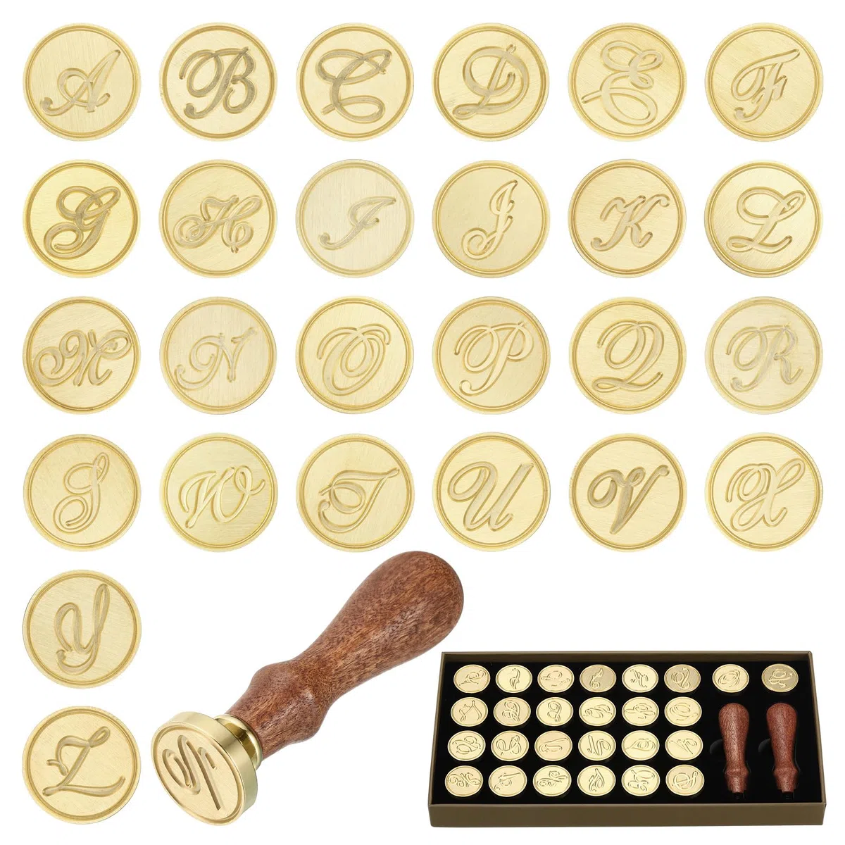 PATIKIL Kit de Sello de Cera del Alfabeto 26 Letras A-Z Sello de Cera para Sellado con 2 Mangos de Madera Caja de Regalo Cabeza de Latón Inicial Vintage Estilo 3